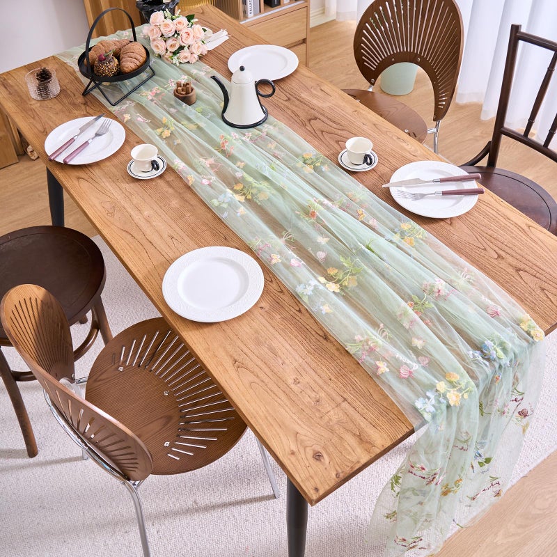 vctops 2 Packs Embroidery Lace Spring Table Runner 10ft Floral Garden Seasonal Tulle Table Runner Holiday Kitchen Dining Table Decoration for Wedding Party Baby Shower Birthday (Sage Green,30"x120") - Image 4