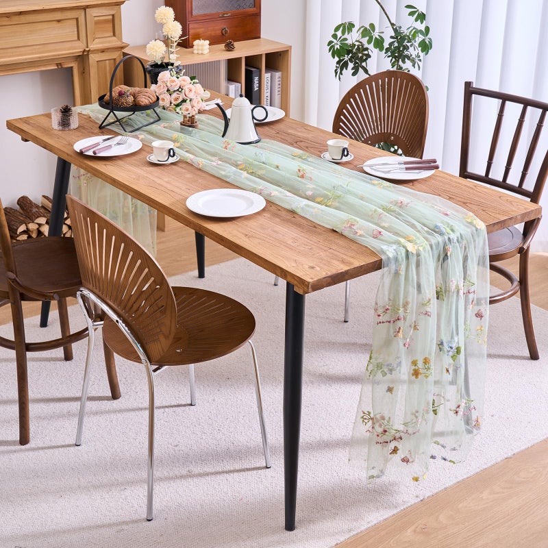 vctops 2 Packs Embroidery Lace Spring Table Runner 10ft Floral Garden Seasonal Tulle Table Runner Holiday Kitchen Dining Table Decoration for Wedding Party Baby Shower Birthday (Sage Green,30"x120") - Image 3