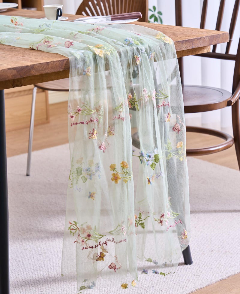 vctops 2 Packs Embroidery Lace Spring Table Runner 10ft Floral Garden Seasonal Tulle Table Runner Holiday Kitchen Dining Table Decoration for Wedding Party Baby Shower Birthday (Sage Green,30"x120") - Image 5