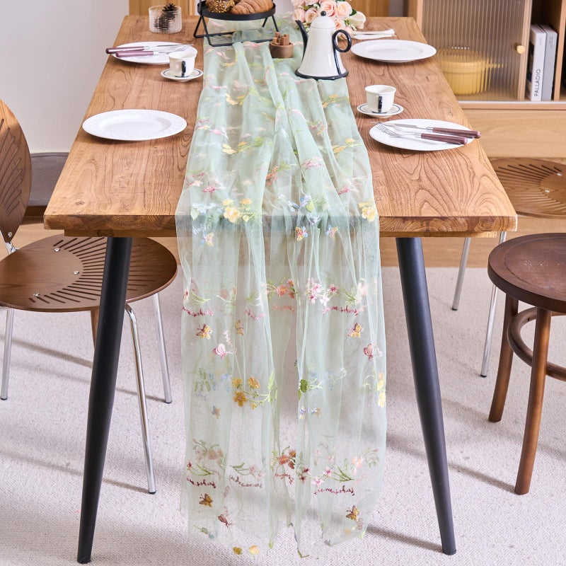 vctops 2 Packs Embroidery Lace Spring Table Runner 10ft Floral Garden Seasonal Tulle Table Runner Holiday Kitchen Dining Table Decoration for Wedding Party Baby Shower Birthday (Sage Green,30"x120") - Image 2