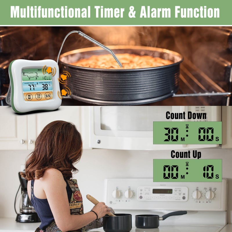 Meat Thermometer 2.6" LCD Color Touchscreen With Backlit Waterproof Probe - Simultaneous Thermometer Timer Modes Selectable ℃ Or ℉ for Home Kitchen BBQ Meat Cooking - Image 2