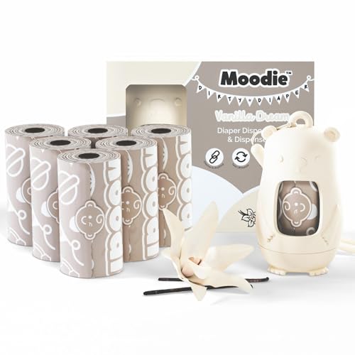 moodie NEW Moodie Disposable Diaper Bags Dispenser COMBO PACK | 105 VANILLA SCENTED Baby Poop Bags TOTAL | Dirty Diaper Trash Bags | Diaper Bags Disposable (VANILLA DREAM) - Image 1