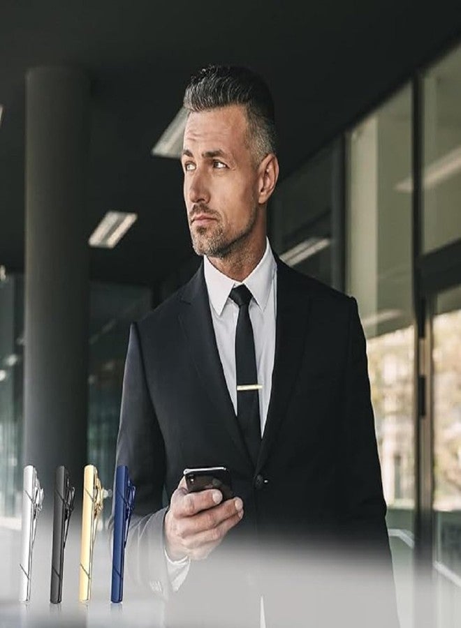 MOSPROS مجموعة من 4 مشابك ربطات عنق رجالية مع علبة هدايا - دبابيس ربطات عنق معدنية رسمية للبدلات والقمصان | إكسسوار ربطة عنق كلاسيكي أنيق مناسب للأعمال وحفلات الزفاف والمكتب - Image 3