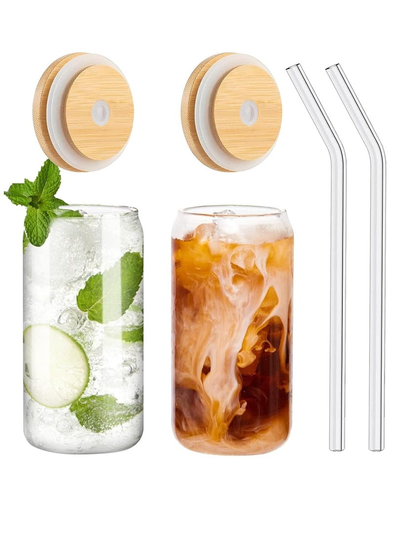 JOMILA Drinking Glasses Can Shaped with Bamboo Lids and Glass Straw 2pcs Set - 16oz 600ml Coffee, Soda Glass, Beer Glasses, Iced Coffee Glasses, Cute Tumbler Cup, Heat-Resistant Drink Glass - Image 1