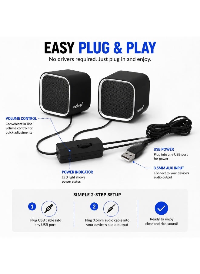 M4 USB Desktop Speakers – 6W 2.0 Stereo Computer Speakers with USB Power, 3.5mm AUX Audio & Compact Design for PC, Laptop & Mac - Image 3