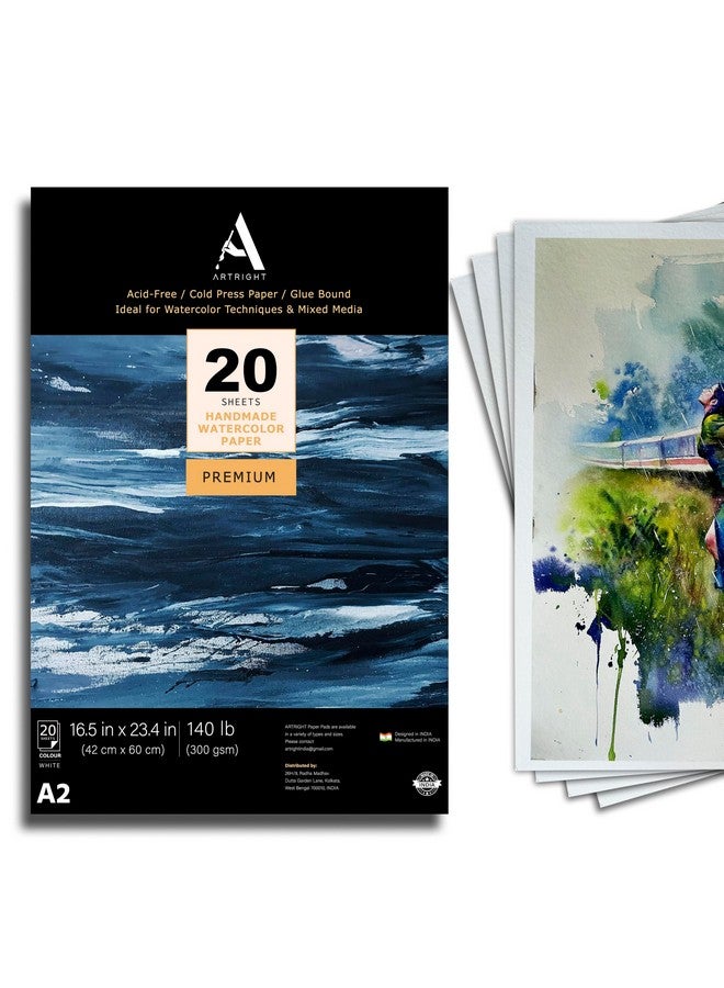 ورق ألوان مائية للفنانين من ArtRight مقاس A2، 300 جرام لكل متر مربع - 20 ورقة مصنوعة يدويًا من ورق ألوان مائية بحبيبات خشنة، للألوان المائية والأكريليك والغواش والحبر والوسائط المختلطة - Image 1