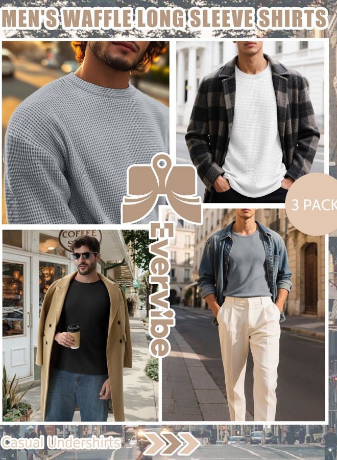EverVibe 3 Pack Men's Big and Tall Long Sleeve Shirts, Waffle Crew Neck Thermal Underwear Tops Lightweight Casual Undershirts, Black, White, Gray, 3XL - Image 3