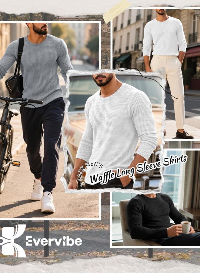 EverVibe 3 Pack Men's Big and Tall Long Sleeve Shirts, Waffle Crew Neck Thermal Underwear Tops Lightweight Casual Undershirts, Black, White, Gray, 3XL - Image 2