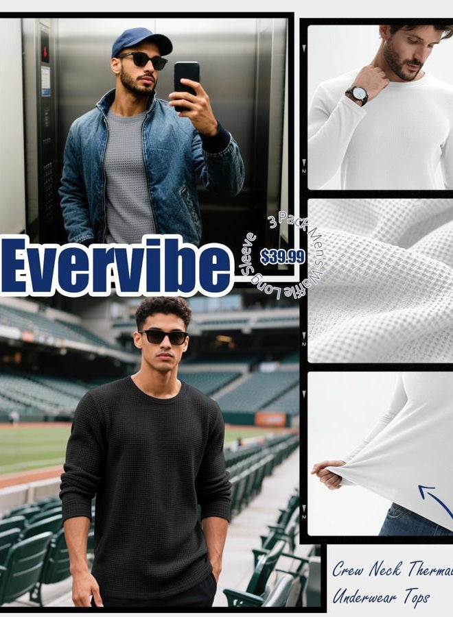 EverVibe 3 Pack Men's Big and Tall Long Sleeve Shirts, Waffle Crew Neck Thermal Underwear Tops Lightweight Casual Undershirts, Black, White, Gray, 3XL - Image 5