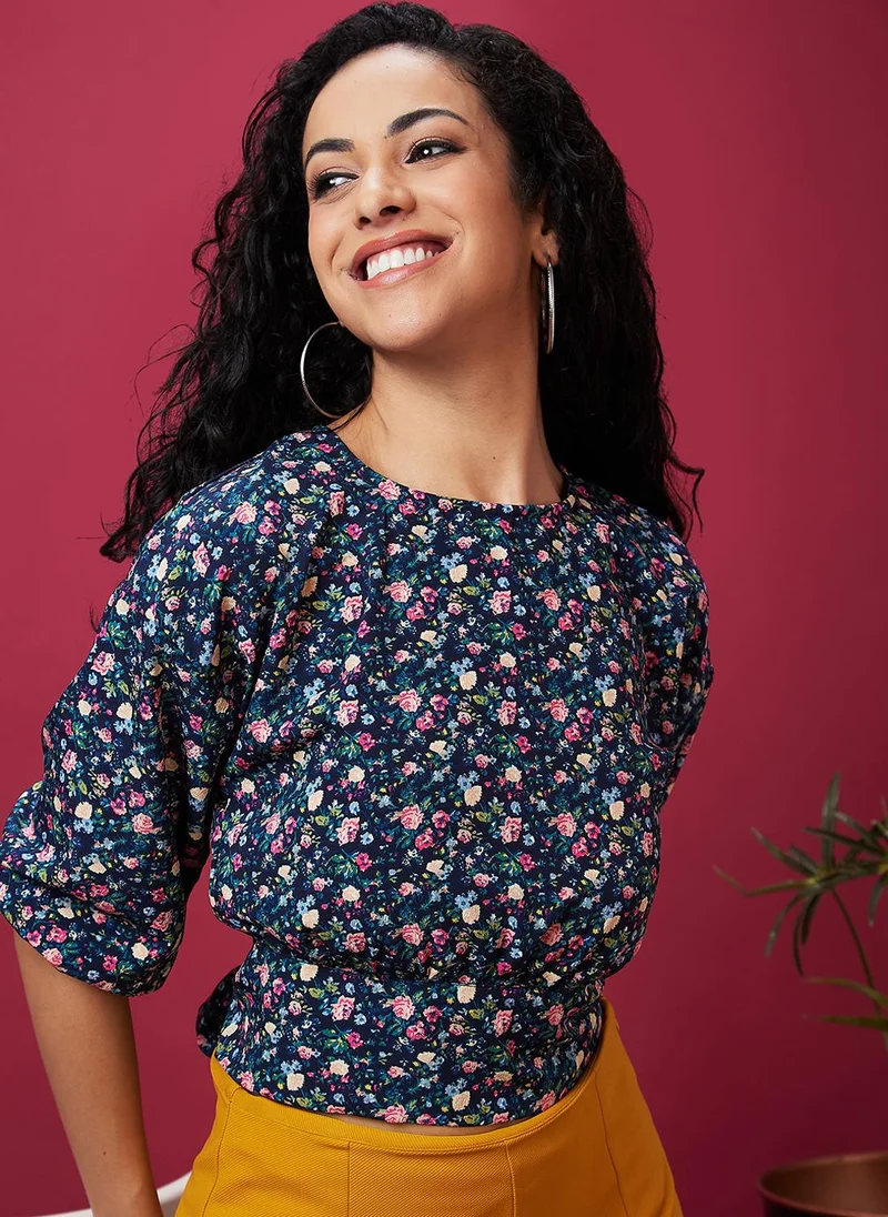 globus Globus Women Navy Blue Floral Printed Puff Sleeves Top