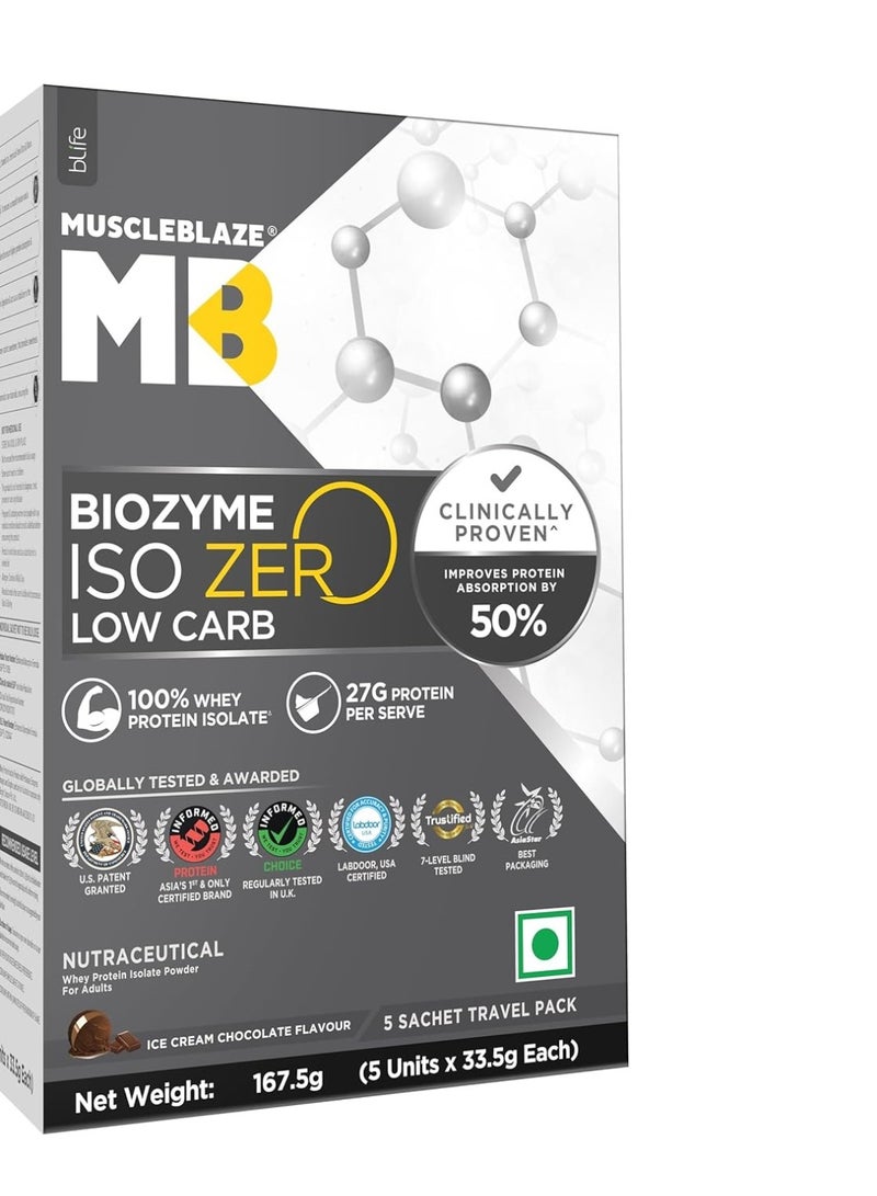 MuscleBlaze Biozyme Iso-Zero, Low Carb Whey Protein Isolate Powder, Ice Cream Chocolate, 5 Sachets (33.5g each) | Travel Pack | 27g Protein Per Sachet - Image 1