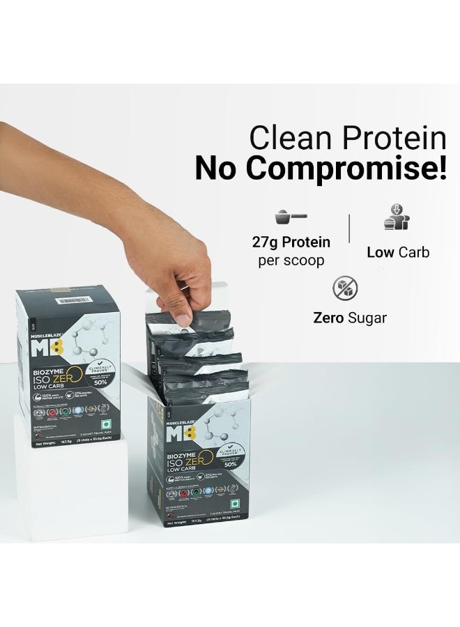 MuscleBlaze Biozyme Iso-Zero, Low Carb Whey Protein Isolate Powder, Ice Cream Chocolate, 5 Sachets (33.5g each) | Travel Pack | 27g Protein Per Sachet - Image 4