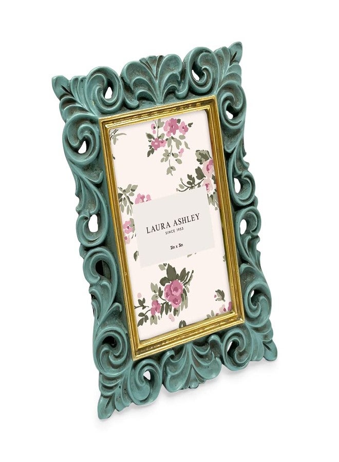 لورا أشلي إطار صور من لورا آشلي، مقاس 2x3، لون أزرق فاتح مع ذهبي، بتصميم لفائف راتنجية عتيقة الطراز، بإطار رفيع، أفقي وعمودي، مناسب للعرض على الطاولة أو الحائط، ديكور منزلي (2x3، أزرق فاتح مع ذهبي) - Image 1