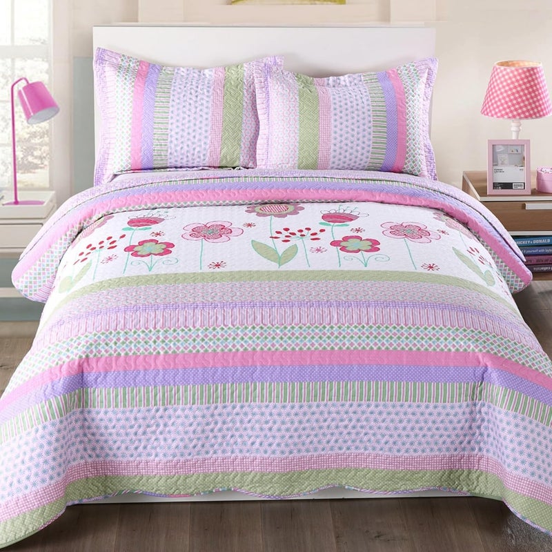 MarCielo 3 Piece Kids Bedspread Quilts Set Throw Blanket for Teens Girls Bed Printed Bedding Coverlet, Full Size, Purple Floral Striped (Full) - Image 1