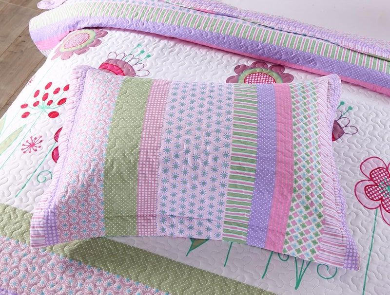 MarCielo 3 Piece Kids Bedspread Quilts Set Throw Blanket for Teens Girls Bed Printed Bedding Coverlet, Full Size, Purple Floral Striped (Full) - Image 4