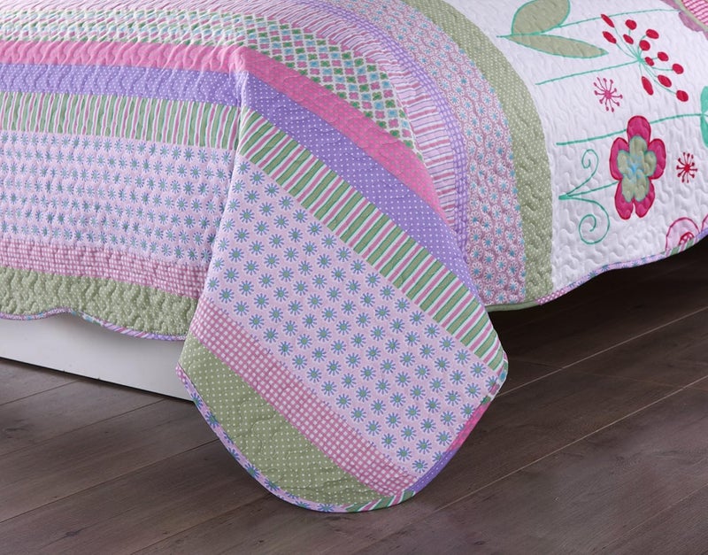 MarCielo 3 Piece Kids Bedspread Quilts Set Throw Blanket for Teens Girls Bed Printed Bedding Coverlet, Full Size, Purple Floral Striped (Full) - Image 3