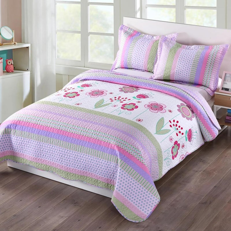 MarCielo 3 Piece Kids Bedspread Quilts Set Throw Blanket for Teens Girls Bed Printed Bedding Coverlet, Full Size, Purple Floral Striped (Full) - Image 2
