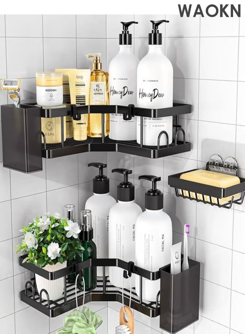 WAOKN Bathroom storage rack, bathroom accessory rack, used for bathroom kitchen storage, non drilled bathroom rack corner shower room rack, with hooks, can prevent toothpaste, toothbrush, soap box, toiletries, etc. (Black five piece set) - Image 4