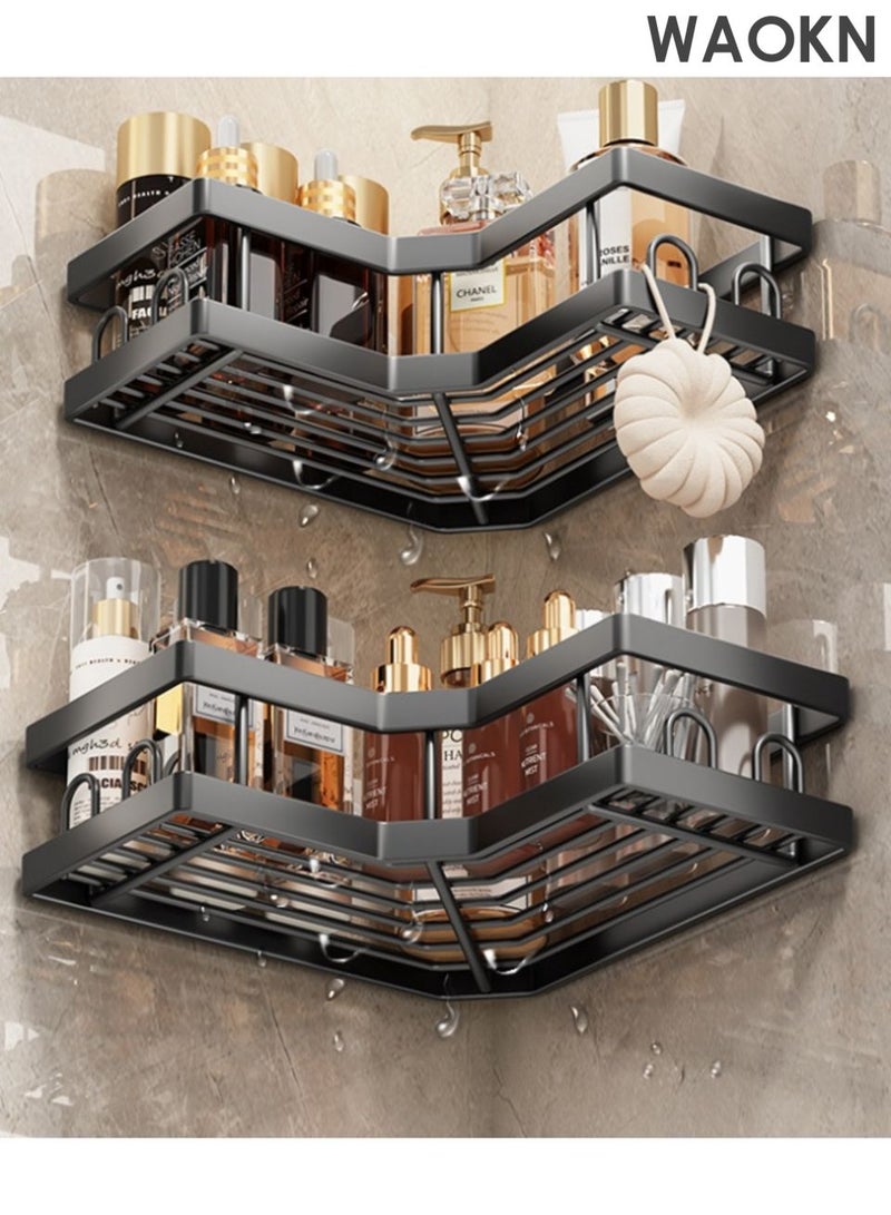 WAOKN Bathroom storage rack, bathroom accessory rack, used for bathroom kitchen storage, non drilled bathroom rack corner shower room rack, with hooks, can prevent toothpaste, toothbrush, soap box, toiletries, etc. (Black five piece set) - Image 3