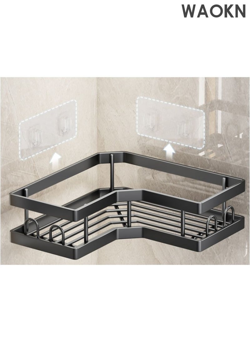 WAOKN Bathroom storage rack, bathroom accessory rack, used for bathroom kitchen storage, non drilled bathroom rack corner shower room rack, with hooks, can prevent toothpaste, toothbrush, soap box, toiletries, etc. (Black five piece set) - Image 2