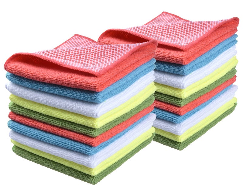 SINLAND 5 Color Assorted Microfiber Dish Cloth Best Kitchen Cloths Cleaning Cloths with Poly Scour Side 12Inchx12Inch 20 Pack Pinkx4bluex4whitex4yellowx4greenx4