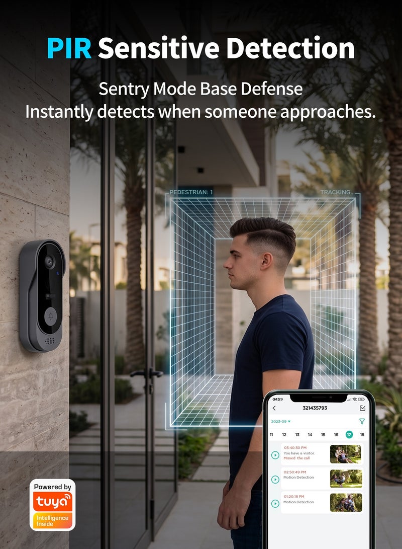 Bcarenest Smart Video Doorbell Camera with Tuya App, PIR Motion Detection, 720P WiFi Doorbell, Two-Way Audio, Voice Changer, IR Night Vision, Type-C Rechargeable Battery with Free Chime - Image 3