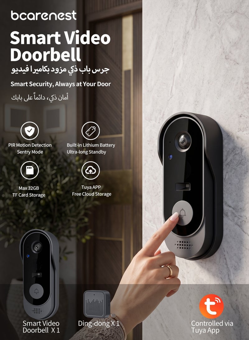Bcarenest Smart Video Doorbell Camera with Tuya App, PIR Motion Detection, 720P WiFi Doorbell, Two-Way Audio, Voice Changer, IR Night Vision, Type-C Rechargeable Battery with Free Chime - Image 1