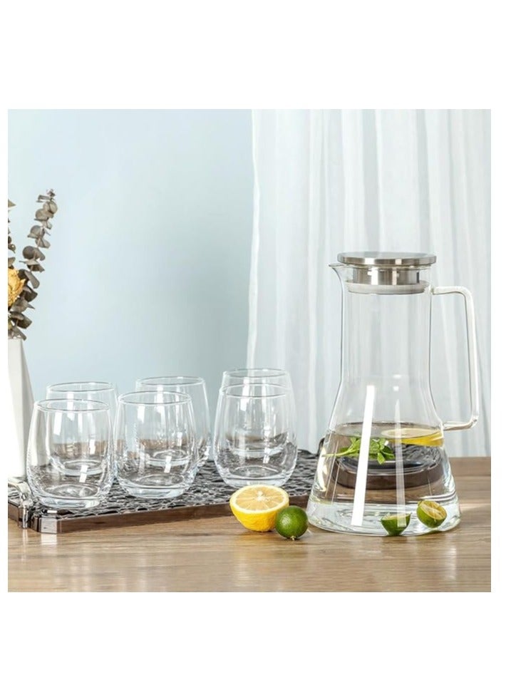 ريجال طقم مكوّن من 7 قطع – إبريق زجاجي بسعة 1.8 لتر مع 6 أكواب للشرب | زجاج بوروسيليكات متين، غطاء أنيق من الستانلس ستيل | طقم أنيق لتقديم الماء، العصير والشاي المثلج - Image 1