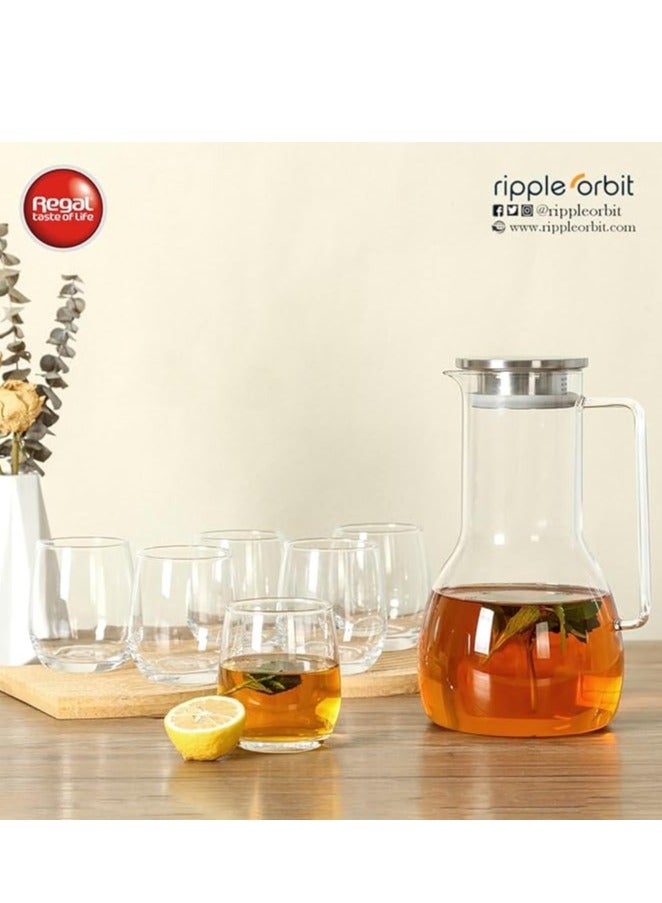 ريجال طقم مكوّن من 7 قطع – إبريق زجاجي بسعة 1.8 لتر مع 6 أكواب للشرب | زجاج بوروسيليكات متين، غطاء أنيق من الستانلس ستيل | طقم أنيق لتقديم الماء، العصير والشاي المثلج - Image 2