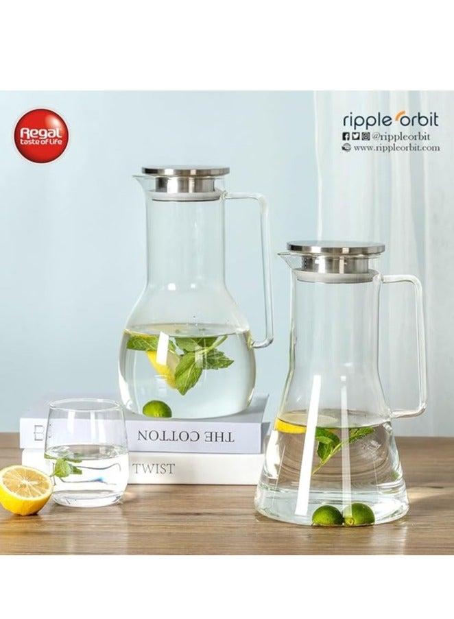 ريجال طقم مكوّن من 7 قطع – إبريق زجاجي بسعة 1.8 لتر مع 6 أكواب للشرب | زجاج بوروسيليكات متين، غطاء أنيق من الستانلس ستيل | طقم أنيق لتقديم الماء، العصير والشاي المثلج - Image 3