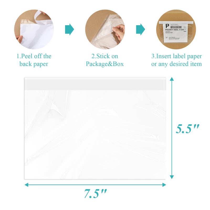 FungLam 100 Pack 7.5" x 5.5" Clear Self-Adhesive Top Loading Packing List/Shipping Label Envelopes Pouches - Image 2