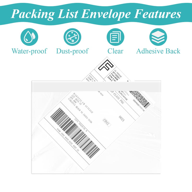 FungLam 100 Pack 7.5" x 5.5" Clear Self-Adhesive Top Loading Packing List/Shipping Label Envelopes Pouches - Image 3