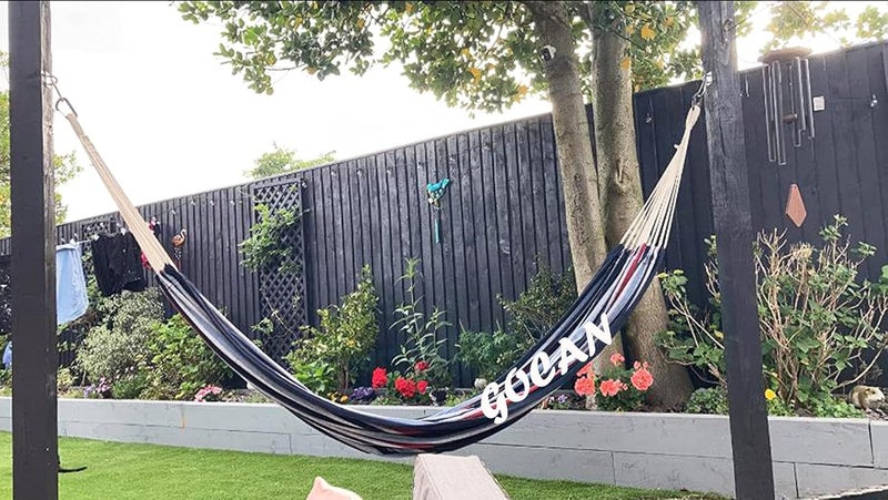 GOCAN أرجوحة برازيلية مزدوجة من لشخصين، كبيرة جدًا 220 × 160 سم، الطول الإجمالي 330 سم، الحمولة 500 رطل، أرجوحة قماش قطنية للفناء والشرفة والحديقة والفناء الخلفي والاسترخاء في الهواء الطلق والداخل (أزرق داكن) - Image 3