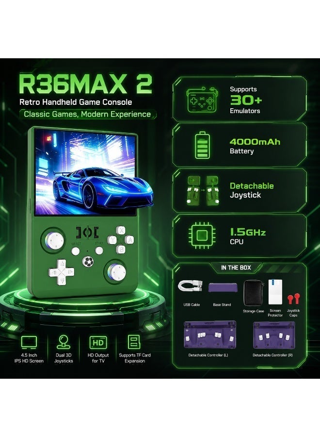 R36MAX 2 Retro Handheld Game Console – 4.5” IPS HD Portable Gaming Device, 1.5GHz High-Performance CPU, Supports 30+ Emulator Systems, Classic Retro Games Player, 4000mAh Long Battery, Green Edition - Image 2
