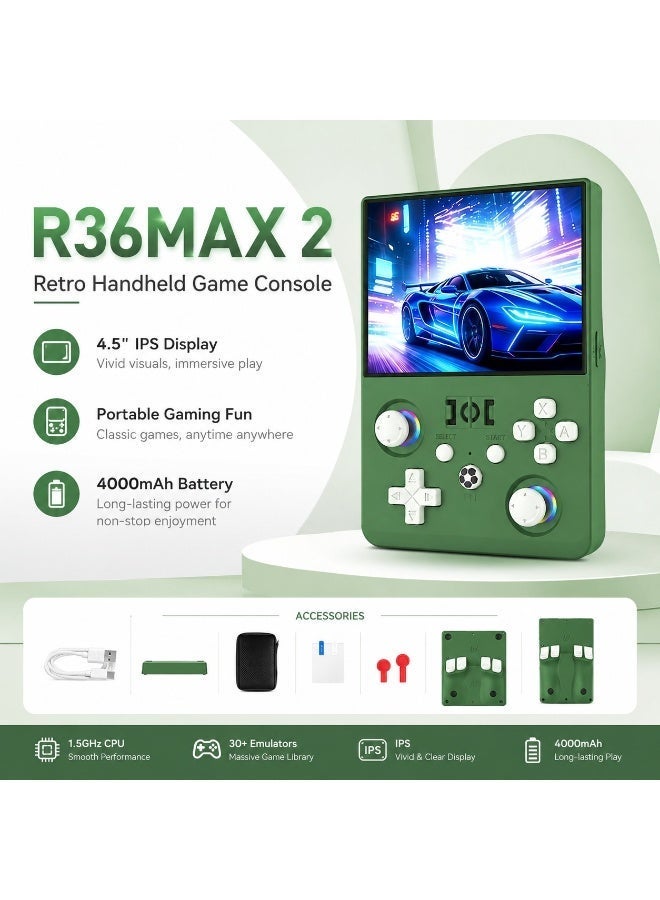 R36MAX 2 Retro Handheld Game Console – 4.5” IPS HD Portable Gaming Device, 1.5GHz High-Performance CPU, Supports 30+ Emulator Systems, Classic Retro Games Player, 4000mAh Long Battery, Green Edition - Image 3