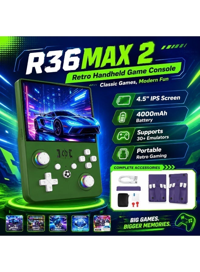 R36MAX 2 Retro Handheld Game Console – 4.5” IPS HD Portable Gaming Device, 1.5GHz High-Performance CPU, Supports 30+ Emulator Systems, Classic Retro Games Player, 4000mAh Long Battery, Green Edition - Image 4