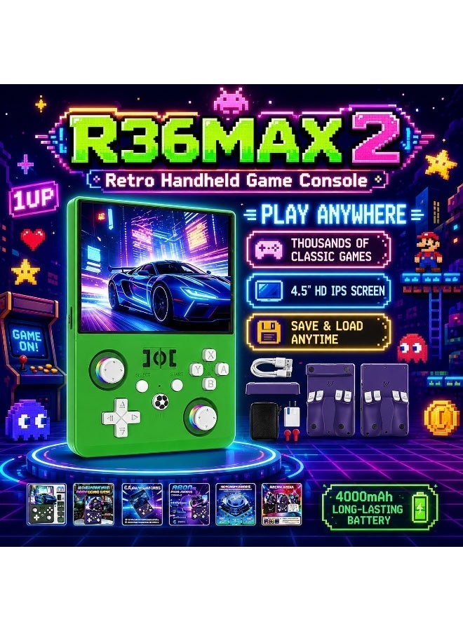 R36MAX 2 Retro Handheld Game Console – 4.5” IPS HD Portable Gaming Device, 1.5GHz High-Performance CPU, Supports 30+ Emulator Systems, Classic Retro Games Player, 4000mAh Long Battery, Green Edition - Image 1