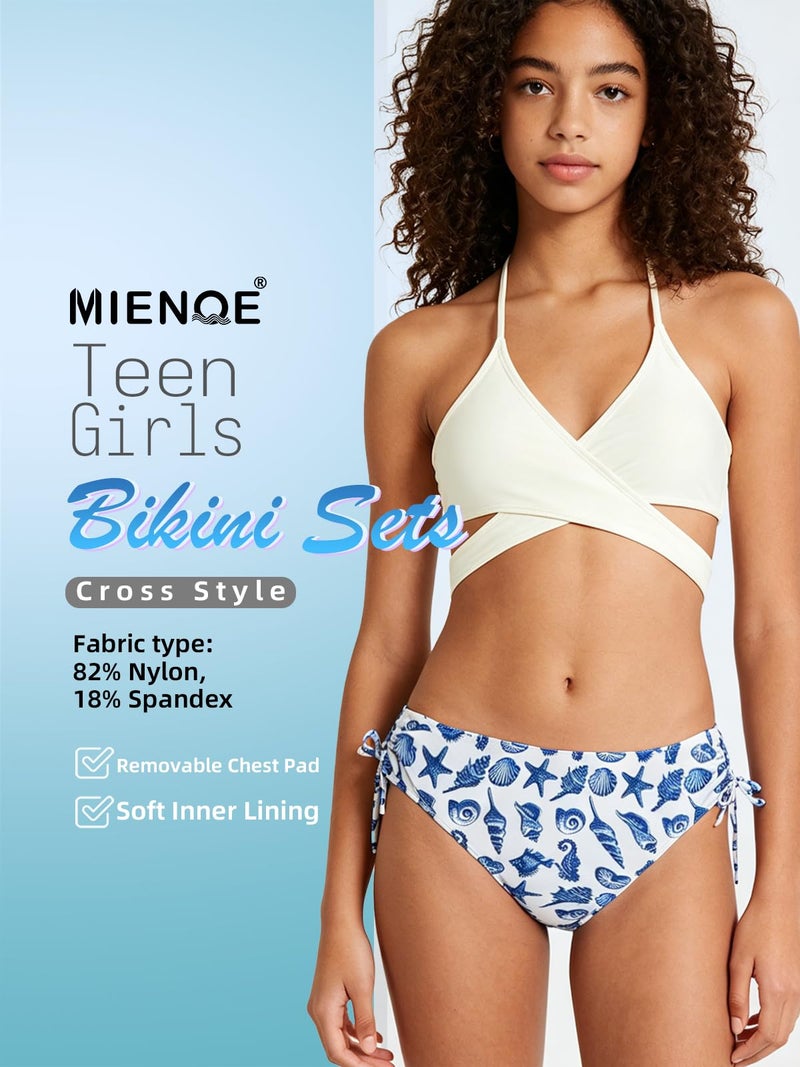 MIENOE Tween Girls Two Piece Bikini 10-11 Years | Not See-Through Built-in Lining Removable Chest Pads Bathing Suit | White Top Blue Ocean Print Criss Cross Adjustable Straps Swimsuit Size 10 - Image 2