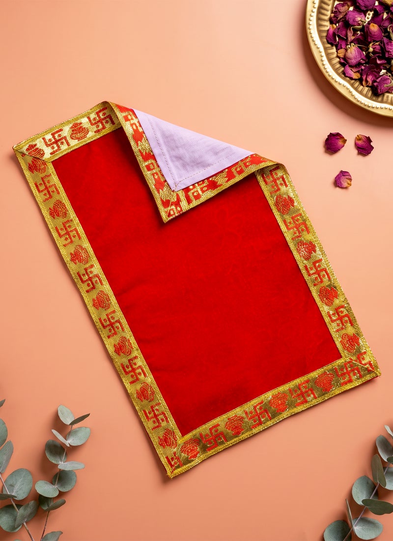Madhoor Velvet Swastik Kalash Decorative Pooja Aasan Red for Pooja, Deity Idol Placement & Home Temples, 12 x 12 Inches - Image 3