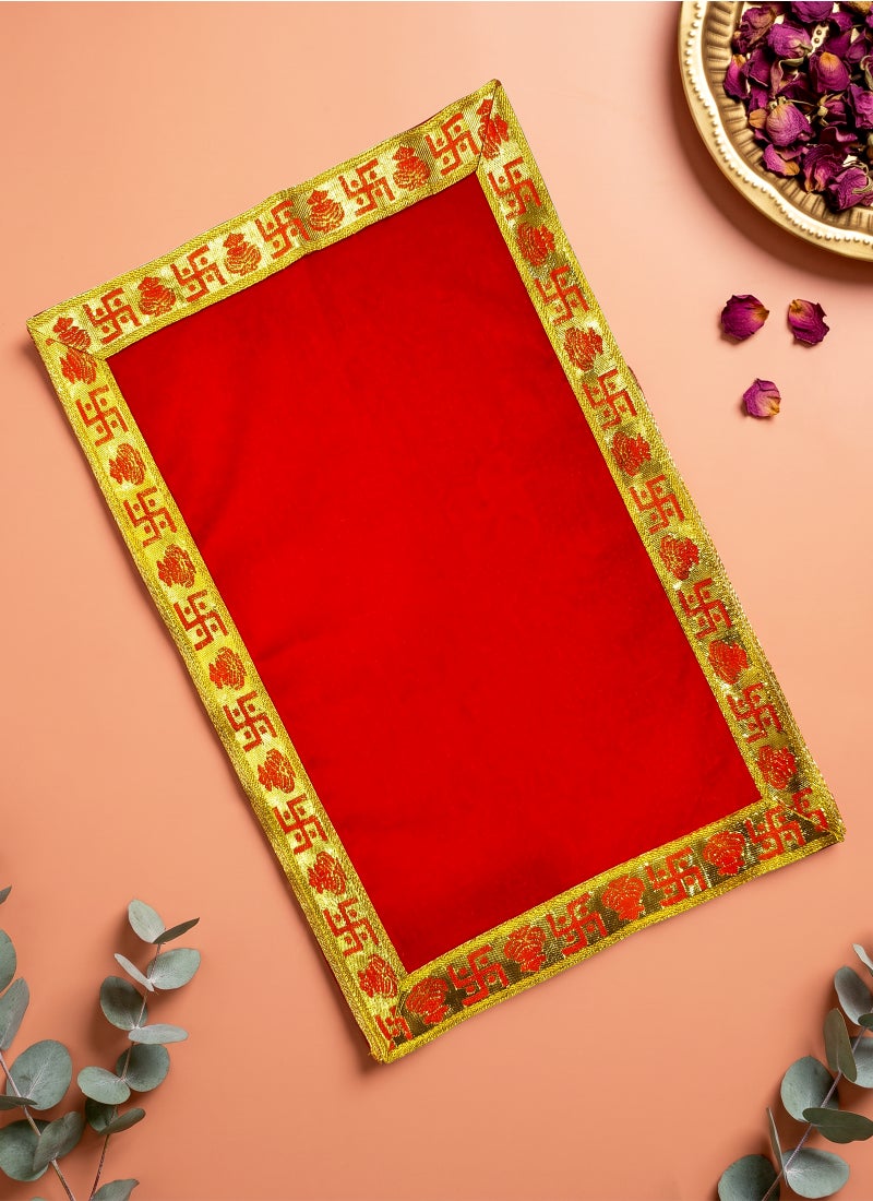 Madhoor Velvet Swastik Kalash Decorative Pooja Aasan Red for Pooja, Deity Idol Placement & Home Temples, 12 x 12 Inches - Image 1
