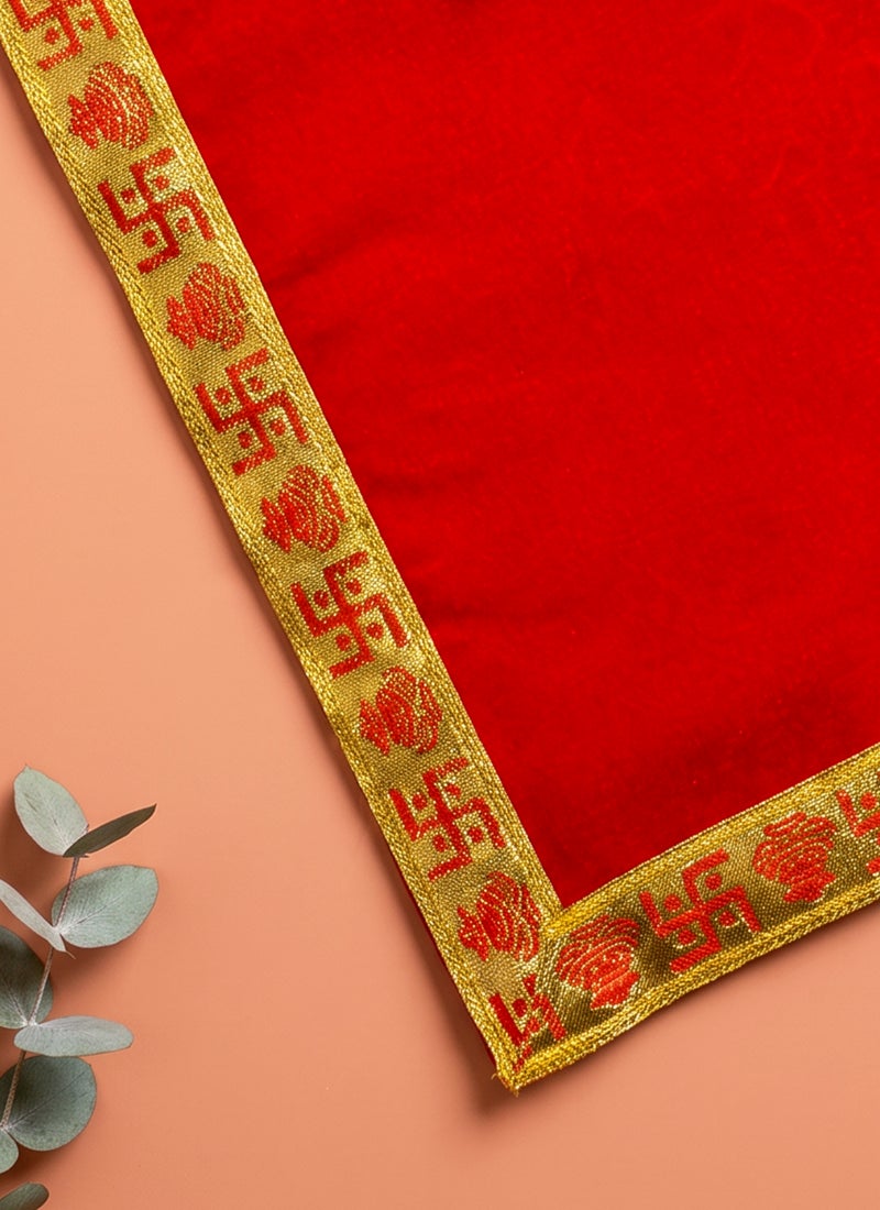 Madhoor Velvet Swastik Kalash Decorative Pooja Aasan Red for Pooja, Deity Idol Placement & Home Temples, 12 x 12 Inches - Image 2