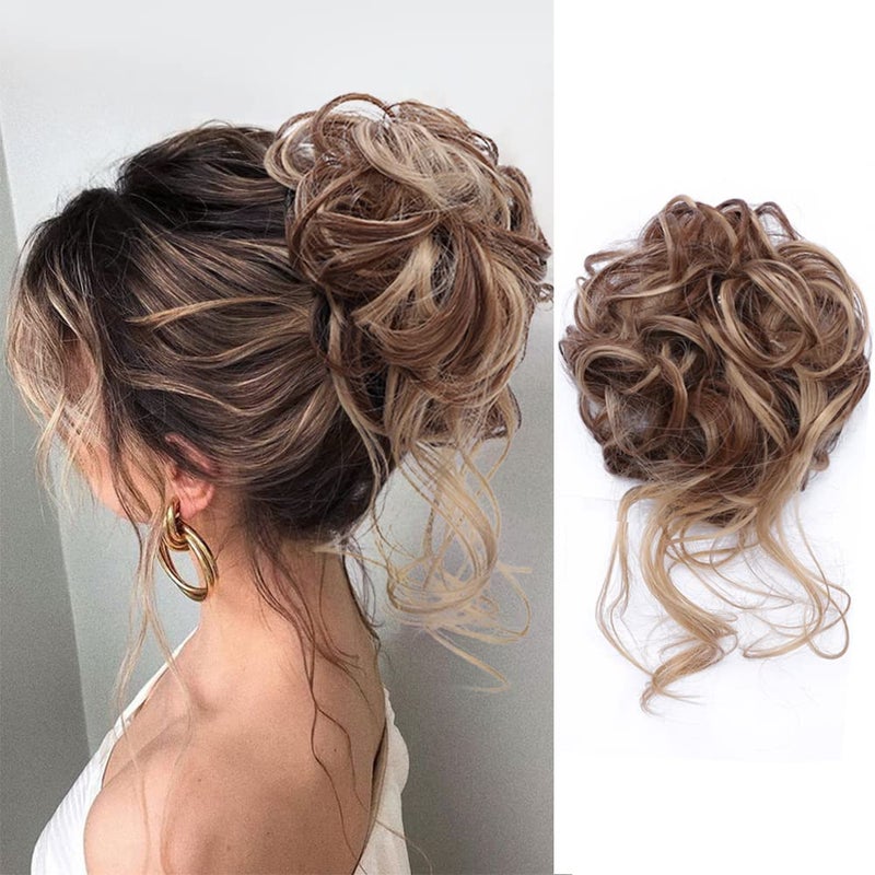 KETHBE KETHBE Messy Bun Hair Piece Tousled Updo Hair Buns Extension Elastic Hair Band Hair Pieces Curly Hair Bun Scrunchie For Women Brown Mix Ash Blonde 
