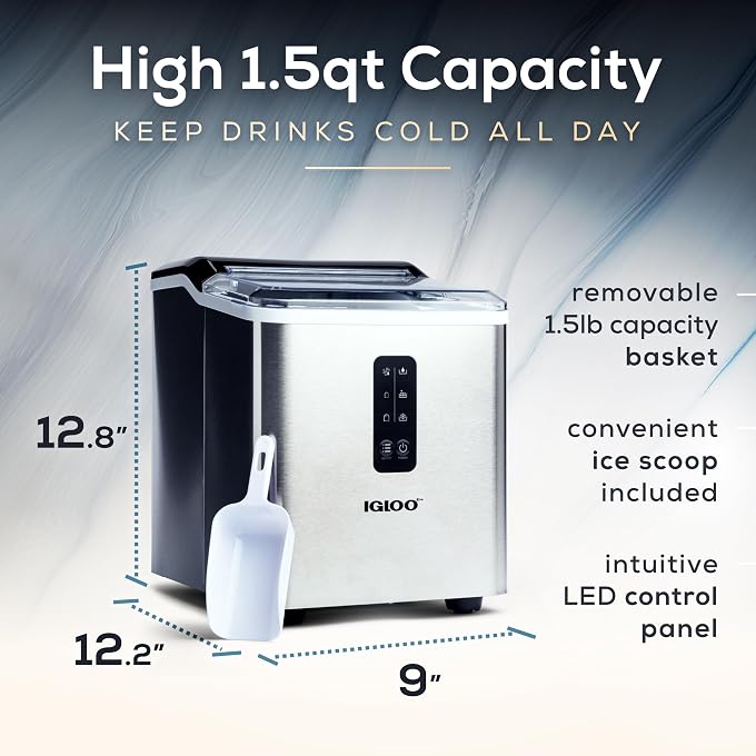 Igloo Automatic Ice Maker, Self Cleaning, Countertop Size, 26 Pounds in 24 Hours, 9 Large or Small Ice Cubes in 7 Minutes, LED Control Panel, Scoop Included, Perfect for Water Bottles, Mixed Drinks - Image 2