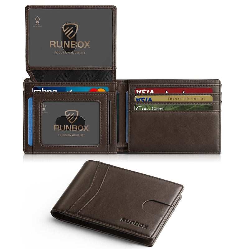 RUNBOX محفظة RUNBOX الجلدية الثنائية الأنيقة للرجال 15 فتحة مع حجب RFID ونافذتين للهوية في علبة هدايا - Image 1
