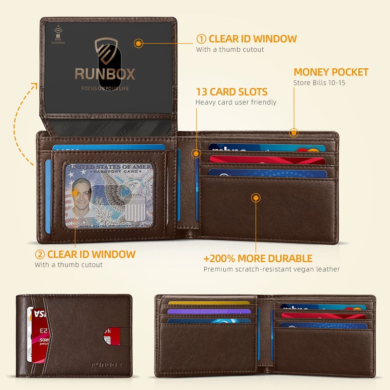 RUNBOX محفظة RUNBOX الجلدية الثنائية الأنيقة للرجال 15 فتحة مع حجب RFID ونافذتين للهوية في علبة هدايا - Image 2