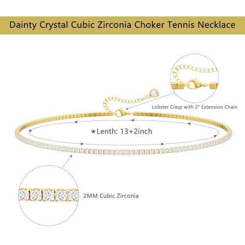 Robaice Tennis Necklace for Women, 14K Gold Plated Rhinestone Choker Necklace for Women, Dainty Cubic Zirconia Cut Faux Diamond Chain 2mm - Image 5