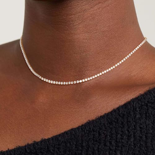 Robaice Tennis Necklace for Women, 14K Gold Plated Rhinestone Choker Necklace for Women, Dainty Cubic Zirconia Cut Faux Diamond Chain 2mm - Image 2