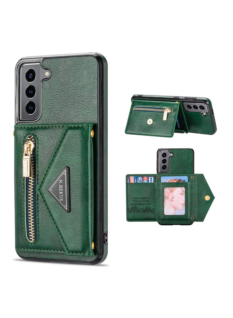 KASTWAVE Wallet Case for Samsung Galaxy S21 5G 6.2 Inch with Crossbody Strap, KASTWAVE Envelope Flip Leather Magnetic Back Flip Purse Case with Card Holder Zipper Pocket Stand Shoulder Strap for Women (Green) - Image 1