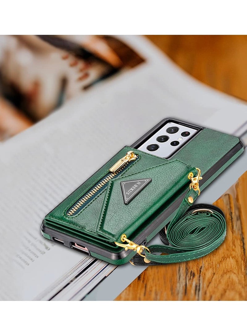 KASTWAVE Wallet Case for Samsung Galaxy S21 5G 6.2 Inch with Crossbody Strap, KASTWAVE Envelope Flip Leather Magnetic Back Flip Purse Case with Card Holder Zipper Pocket Stand Shoulder Strap for Women (Green) - Image 4