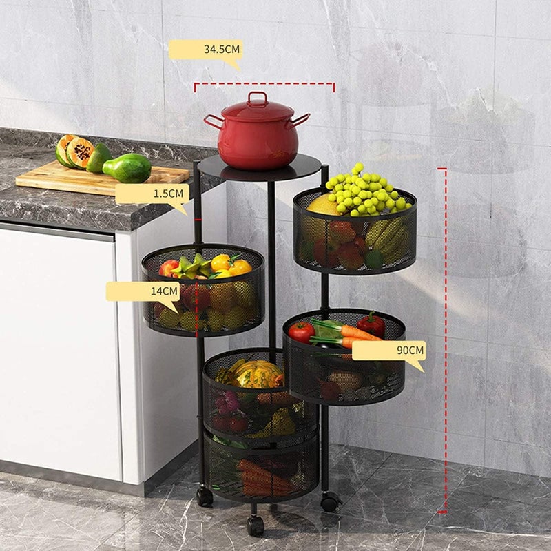 BPA Multi-Layer Kitchen Storage Shelf, Round Steel Rotating with 4 Movable Wheels, Storage for Fruit and Vegetable Floor-Standing(5F Black) - Image 5
